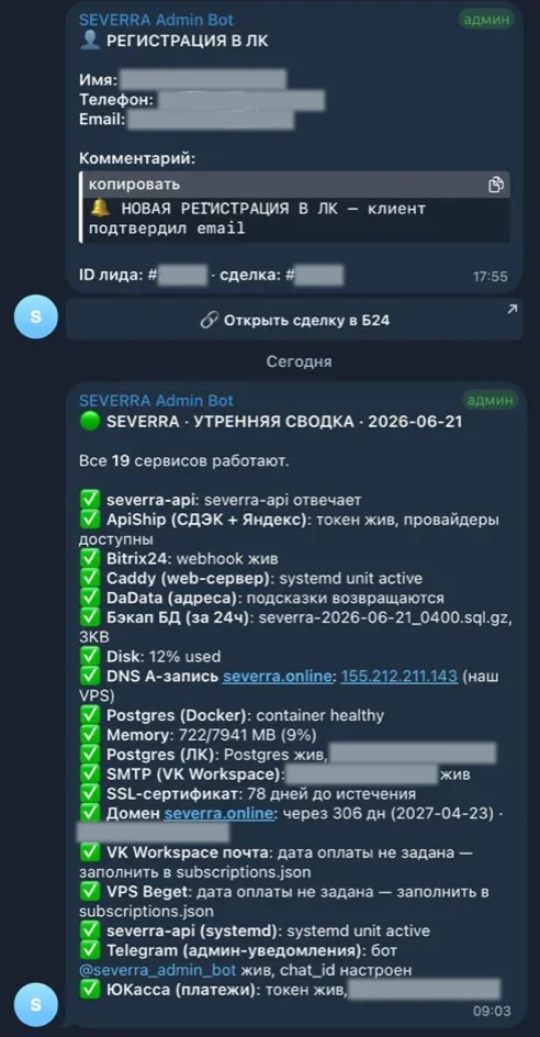 Daily-сводка центра управления severra.online в Telegram: статусы сервисов FastAPI, Postgres, Redis, Render, Backup S3, Webhook, Telegram Bot